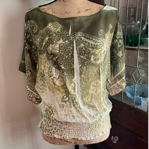 90s Boho Sheer Peasant Blouse Green Paisley Print Festival Top Size S Kimono